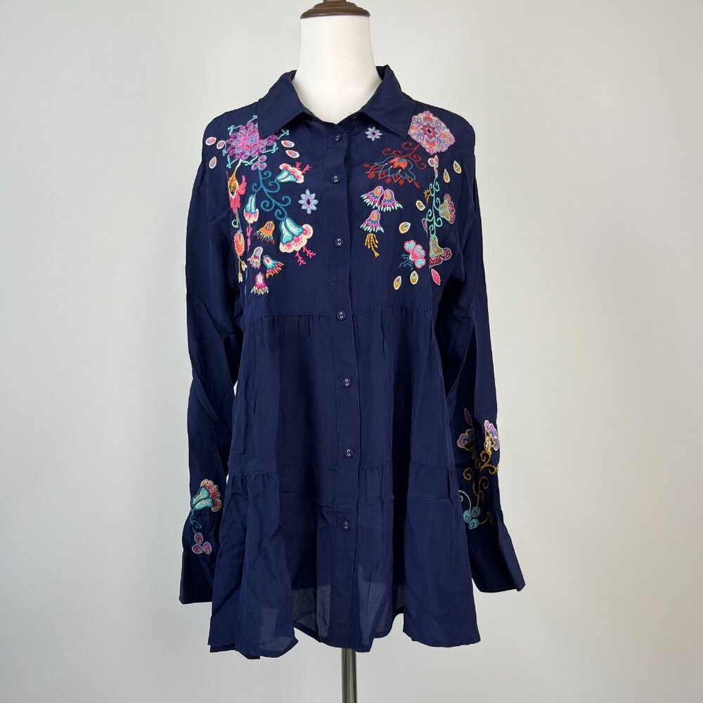 $398 NWOT Johnny Was ALESA TIERED Embroidered Floral Tunic Shirt Blouse Sz XS - Picture 2 of 13